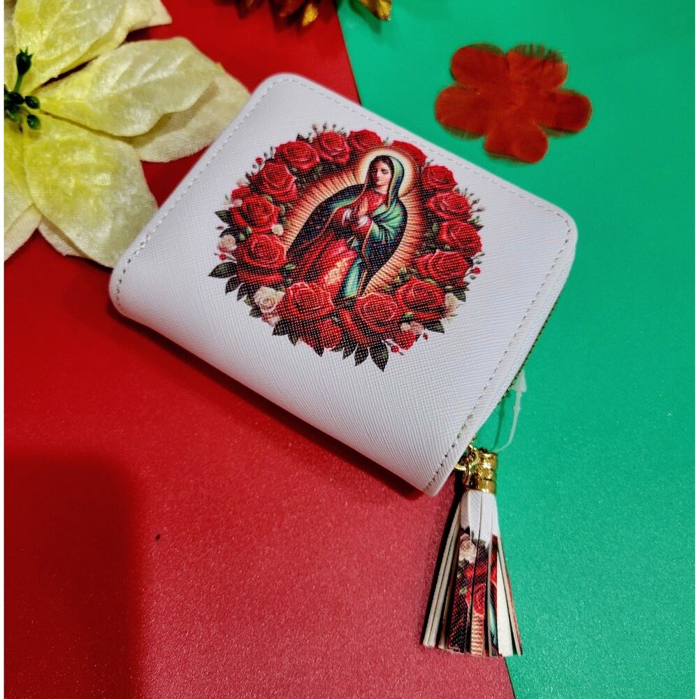 Virgen de Guadalupe Wallet Bifold Zip around Pocket Mini Purse Printed tassled